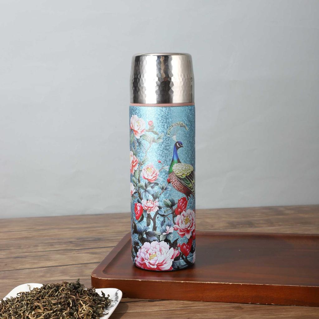 High-Value Titanium-Covered Double-Layer Thermos Cup Portable Hammer-Pattern Vacuum Stewed Teacup Light Luxury High-End Business Gift Cup