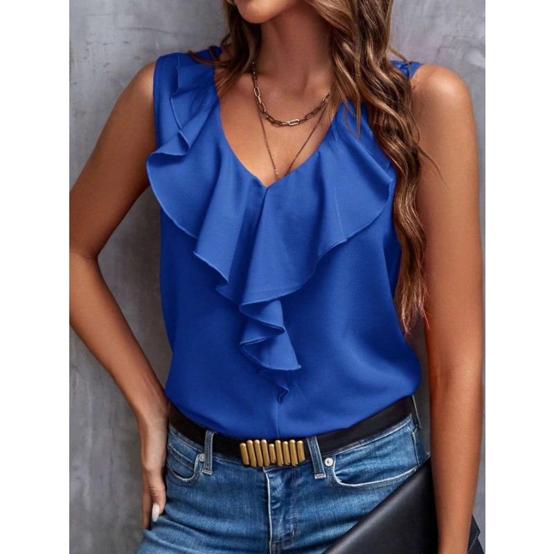 Damenmode Casual Sommer Frühling Einfarbig Druck Ärmellose V-Ausschnitt Blusen & Hemden