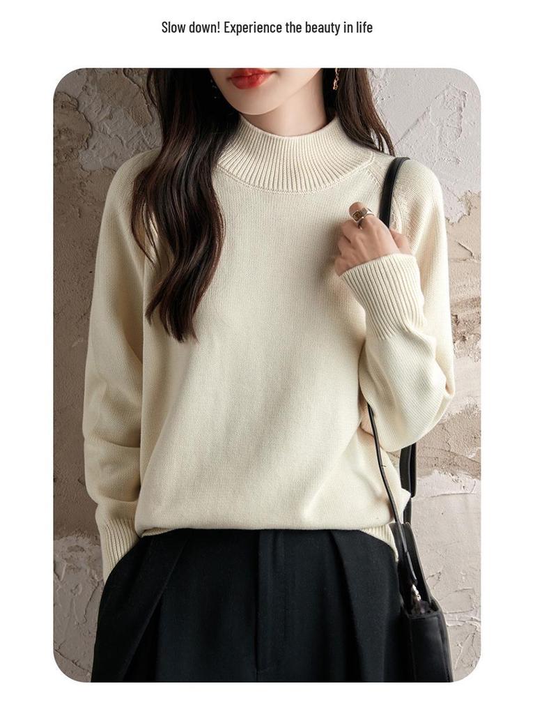 Pulover Gros de Bumbac pentru Femei Toamnă/Iarnă 2025: Cămașă Tricotată Caldă pentru Navetă, Guler Semi-Înalt, Croială Largă