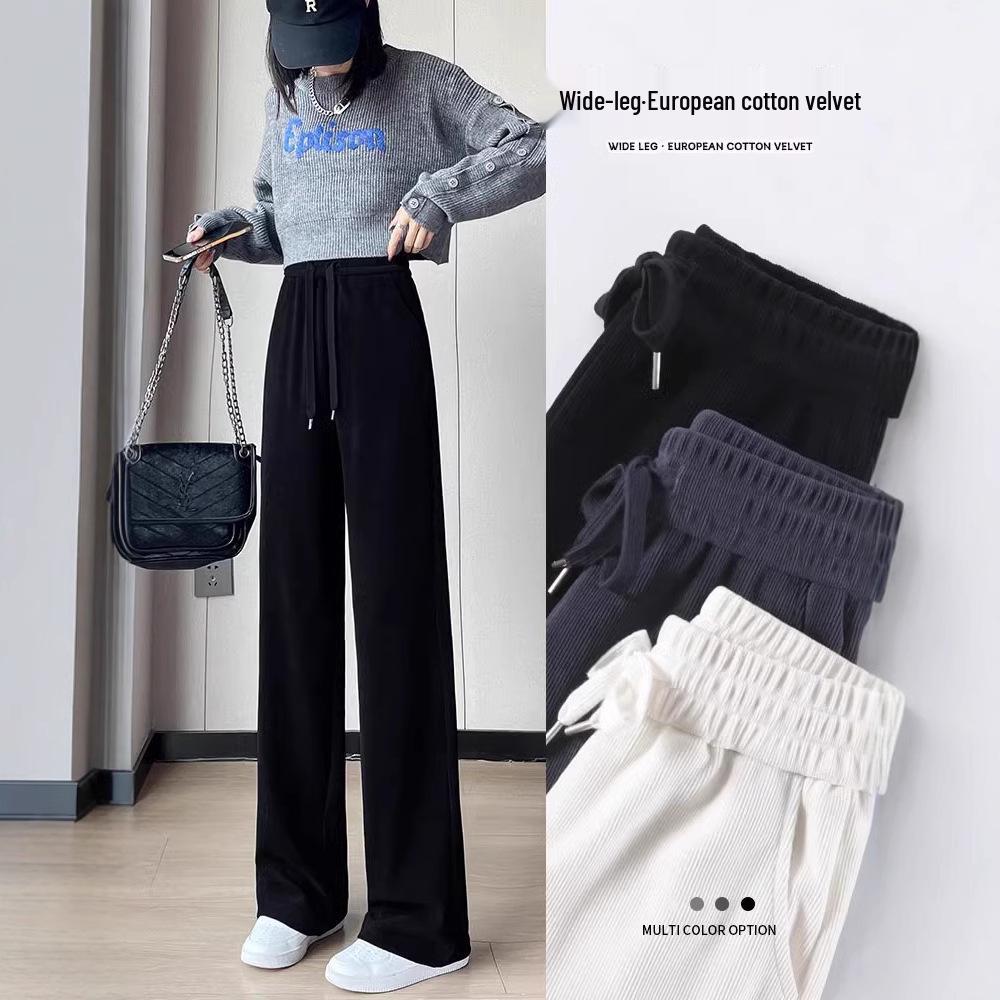 2025 Women's High-Waisted Velvet Pants - European Cotton, Loose Straight-Leg, Autumn/Winter Fashion