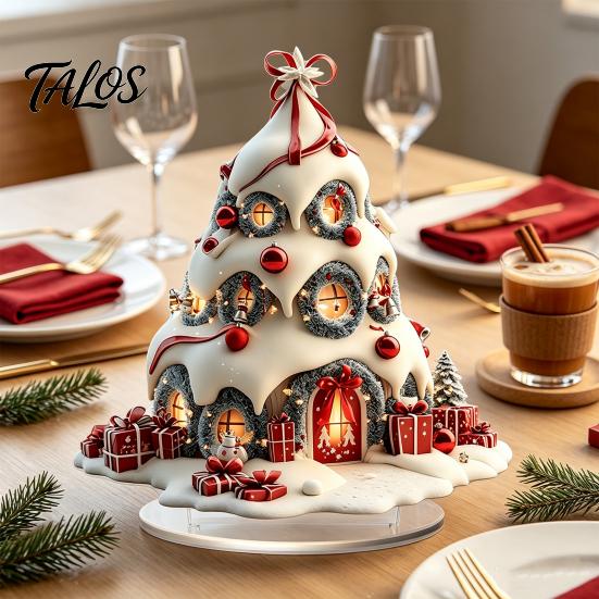 Colorful Acrylic Christmas Crafts Winter Tree Cottage Table Decoration, Double Sided Xmas Cabin Ornament Fairy Tale Igloo Decor with Stable