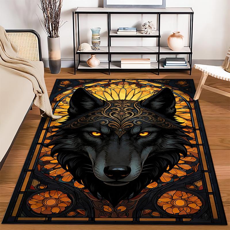"Black Wolf with Golden Eyes Carpet, Mandala Floral Pattern Design" Suitable for Use As an Anti-slip for Living Room Bedroom Sofas