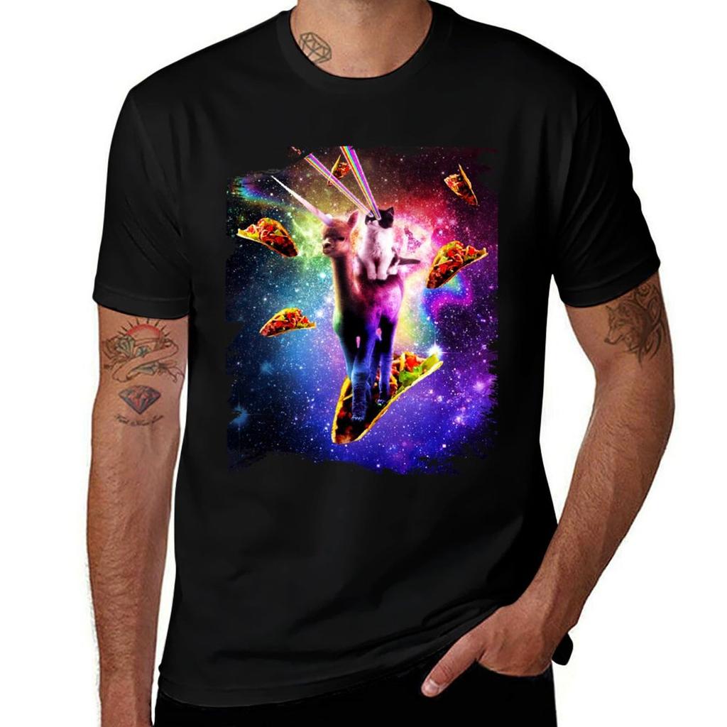 Cosmic Cat Riding Alpaca Unicorn TShirt Classic Graphic Short Sleeve Top