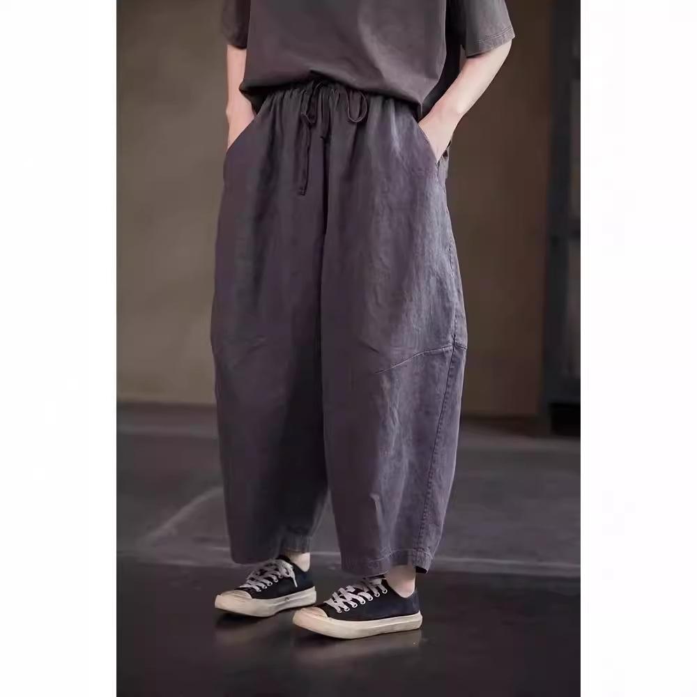 

Women s Summer Retro Gray Jade Pattern Hemp Carrot Pants Large серый