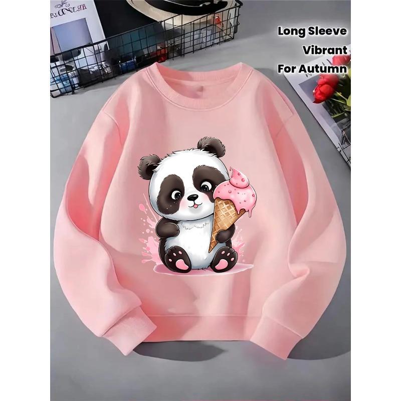 European sizes Crewneck Sweatshirt for Kids Featuring an Adorable Panda with a Pink Ice Cream. Perfect for Sports And Casual Outings