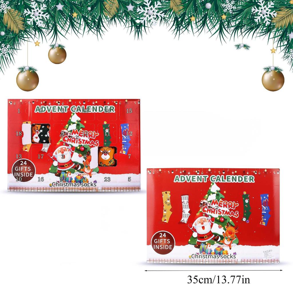 12pairs of Christmas Socks Blind Boxes Christmas Socks Advent Calendar Cute Printed Winter Warm Mid-calf Socks for Men and Women