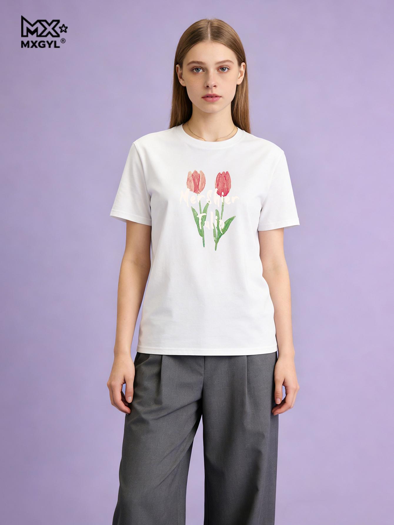 

Summer T-shirt 2026 New Style Women Print Tulips T Shirt Students Casual Tee Top Female Short Sleeves Loose T-shirt M белый