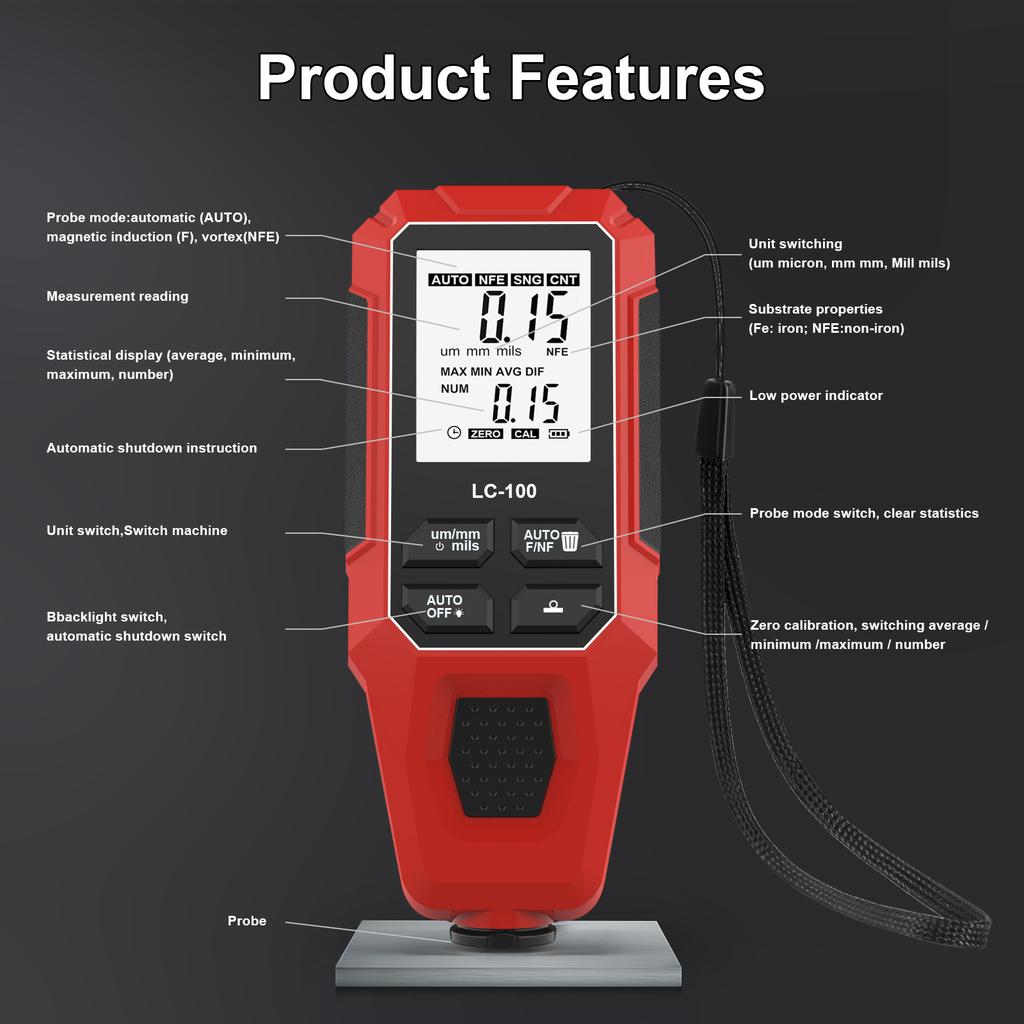 Paint Thickness Gauge Fe/NFe 0-2000um Measuring Range Car Coating Thickness Meter for Used Automotive Buyers and Detailers