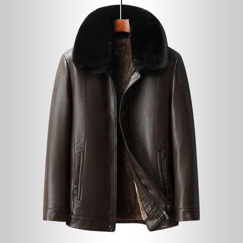 Jaqueta de couro masculina de inverno, casual, de negócios, com lapela, quente e lã, com pele integrada, jaqueta de couro