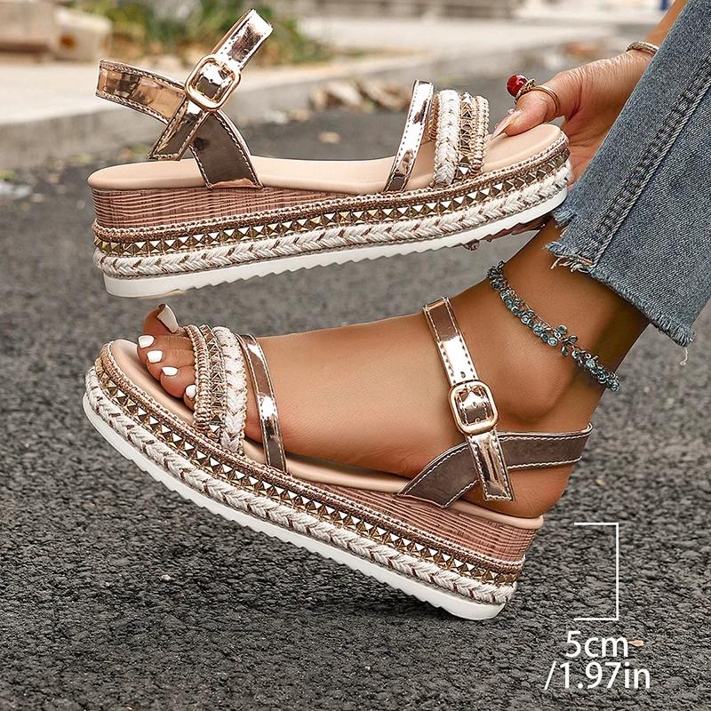 Plus Size Fashion Rivet Decor Wedge Sandals Women Gold Ankle Strap Platform Sandals for Woman Summer Thick Sole Roman Sandalias