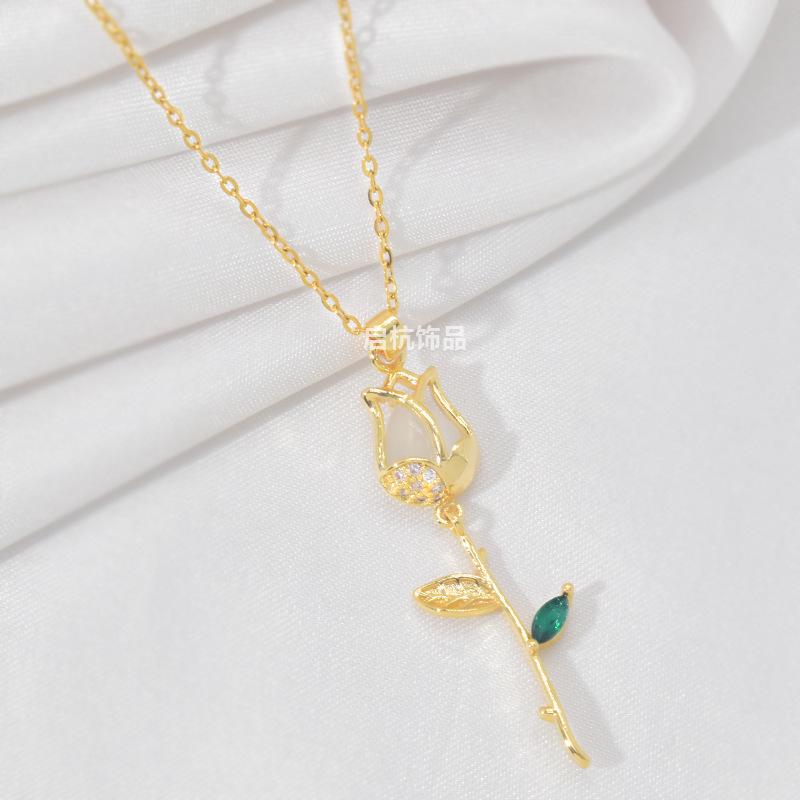 Tulip Necklace Women'S Light Luxury Premium Fresh Versatile Opal Pendant Exquisite Accessories