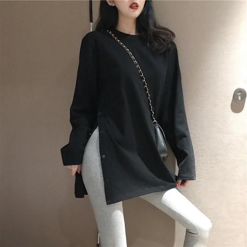 Trendy Plus Size Mid-Length Korean Women's Long-Sleeve T-Shirt with Split Hem