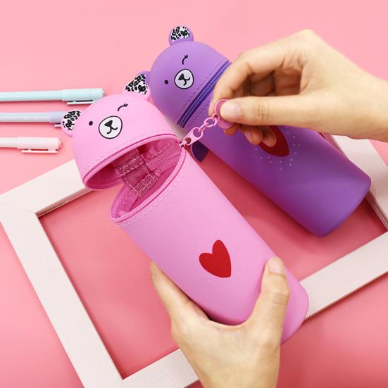 Trousse creioane silicon în formă de urs, Trousse creioane portabilă, Organizator drăguț pentru papetărie pentru pixuri, rigle, pensule de machiaj, Materiale școlare pentru elevi