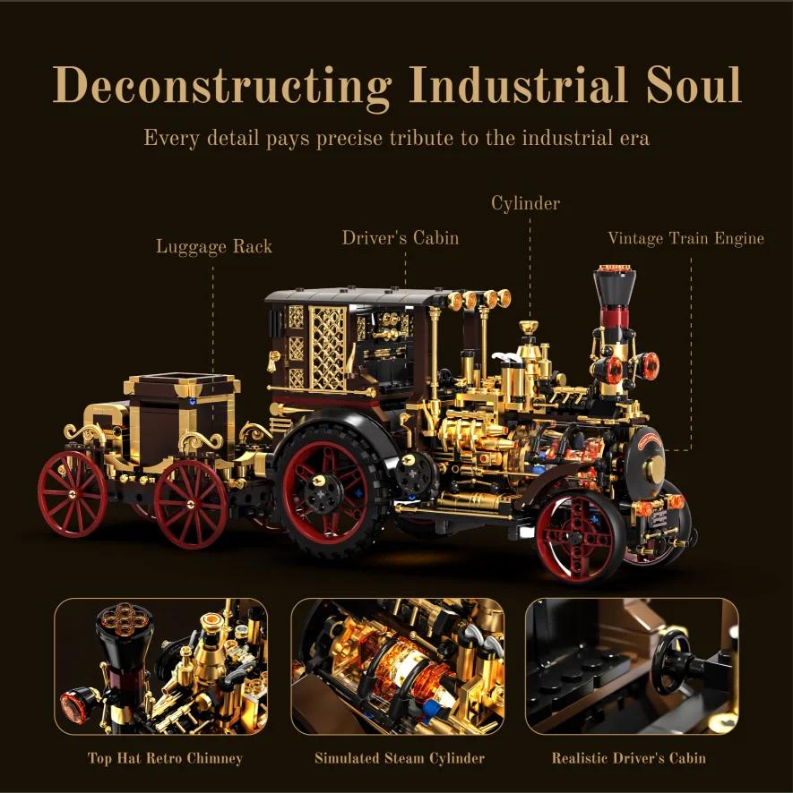 Retro Mechanical Steam Car Building Blocks Set with LED Lights MOC Vintage Home Decor Bricks Toy for Festival Gift