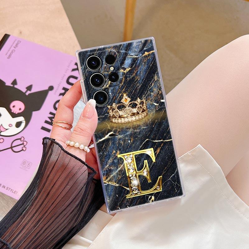 Initial Letter E M I J L Phone Case For Samsung Galaxy S24 S23 Ultra S22 S20 Plus S21 FE Clear Cover Fashion Marble Crown Fundas