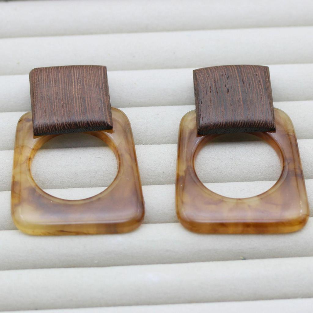 Retro Geometric Silver & Wood Dangle Earrings with Irregular Texture