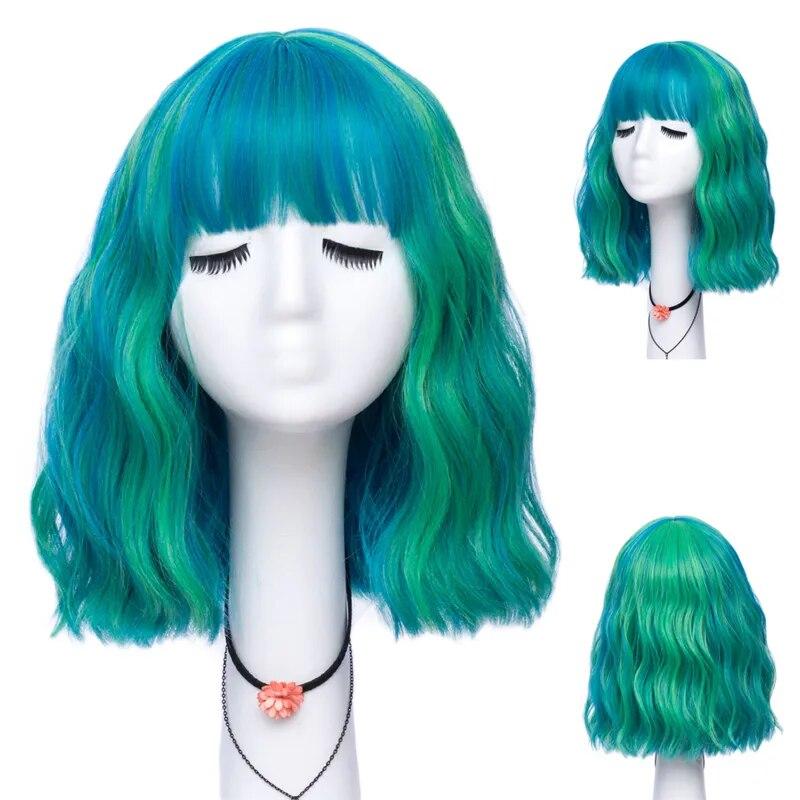 Kurze lockige blaue Bobo-Synthetik-Cosplay-Perücken für Frauen, Orange, Rot, Grün, natürliches hitzebeständiges Haar mit Pony für Mädchen