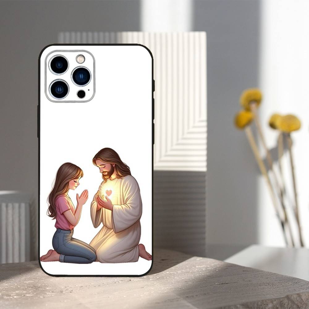 Funny Jesus Girl Cartoon Case For iPhone 12,14,15,16,17,13,11,X,Mini,Plus,Pro Max,8,7,XR,SE,XS,Soft Silicone Black