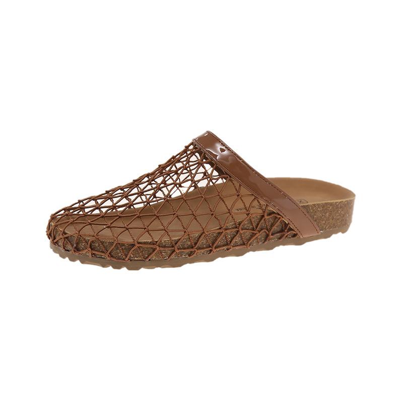 

Baotou thick-bottomed fishing net slippers women s summer 2025 new cork Birkenwind flat-bottomed comfortable hollow half slippers 40 коричневый