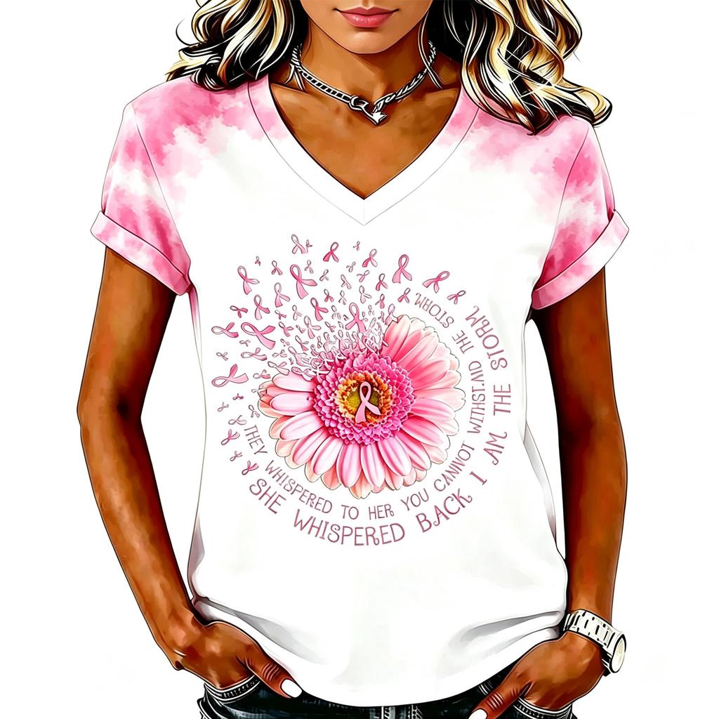 Women's Fashion Casual Short Sleeve V-Neck T-Shirt with Breast Awareness Print for Daily Wear