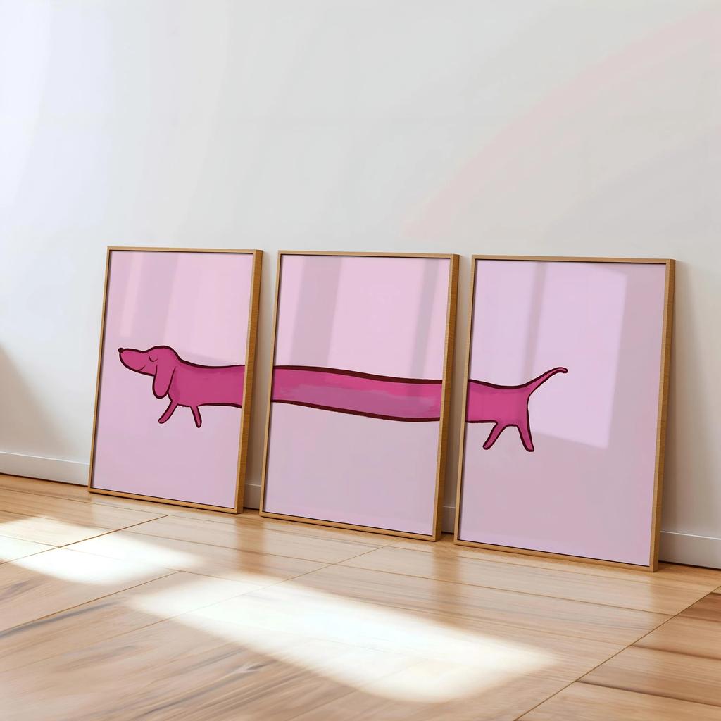 3Pcs Funny Pink Dachshund Wall Art, Minimalist Cartoon Sausage Dog Split Canvas Prints, Cute Whimsical Pastel Pet Wall Arts