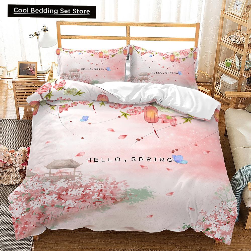 Pink Floral Duvet Cover Japanese Cherry Blossoms Theme Bedding Set Spring Romantic Quilt Cover For Girl Microfiber Bedspread