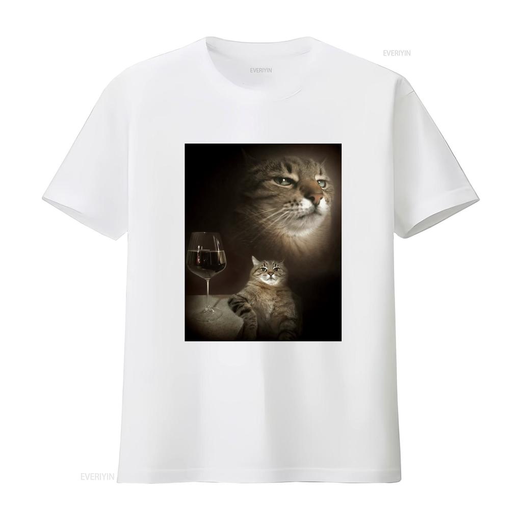 Funny Cat and Wine Art Print T Shirt for Lovers vintage Washed Comfortable streetwear fashion Soft Stretched Casual