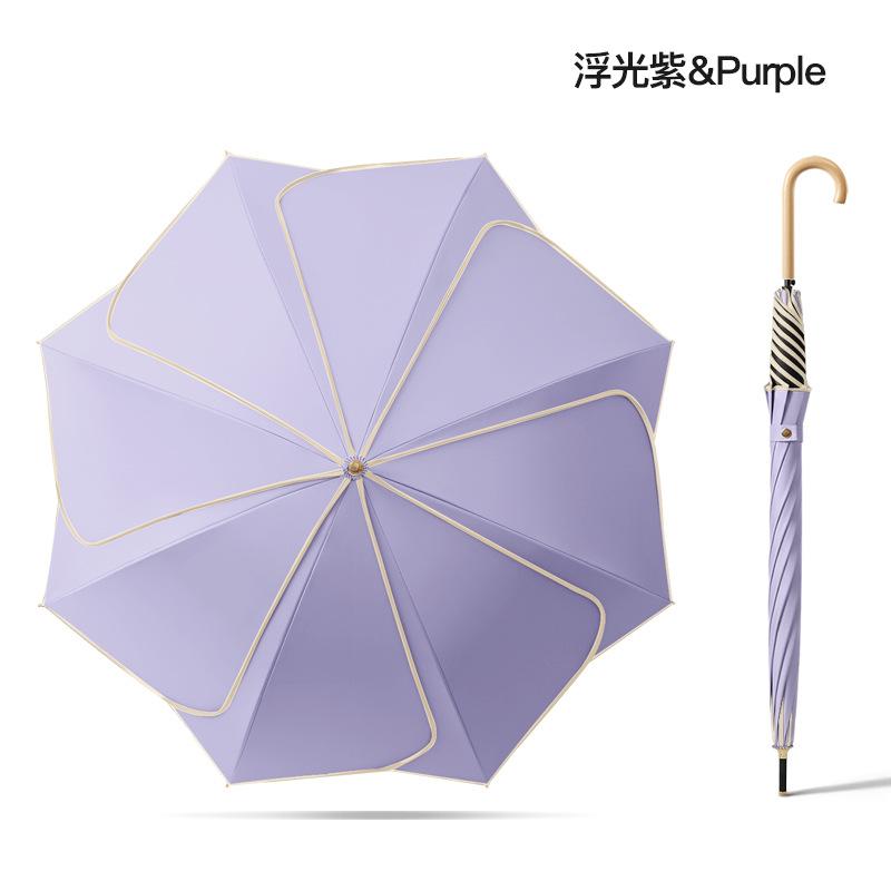 New 8-bone Straight Rod Vinyl Fabric Petal Umbrella Solid Wood Curved Handle Double Enlarged
