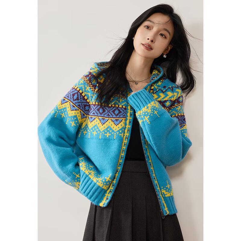 VICTORIA&VERA Women's Fair Isle Color Block Hooded Zipper Knit Sweater