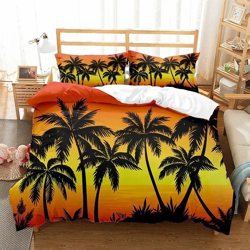 Beach Duvet Cover Twin King Size Microfiber Coconut Palm Trees Bedding Set Sunset Tropical Sandy Beach Landscape Comforter Cover