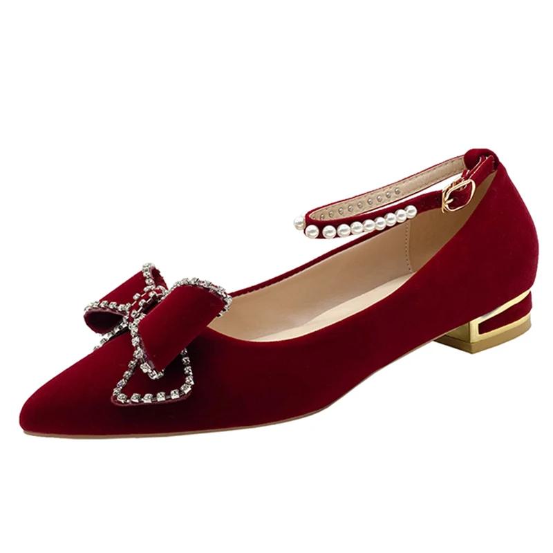 Red Crystal Wedding Pumps Women Pointed Toe Rhinestone Bowtie Bride Shoes for Wedding 2024 Luxury Pearls Ankle Strap Pumps Woman