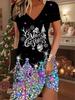 Fashion Women's V Neck Short Sleeve  Christmas Snowman Printed  Dress Sex Short Skirt Dresses