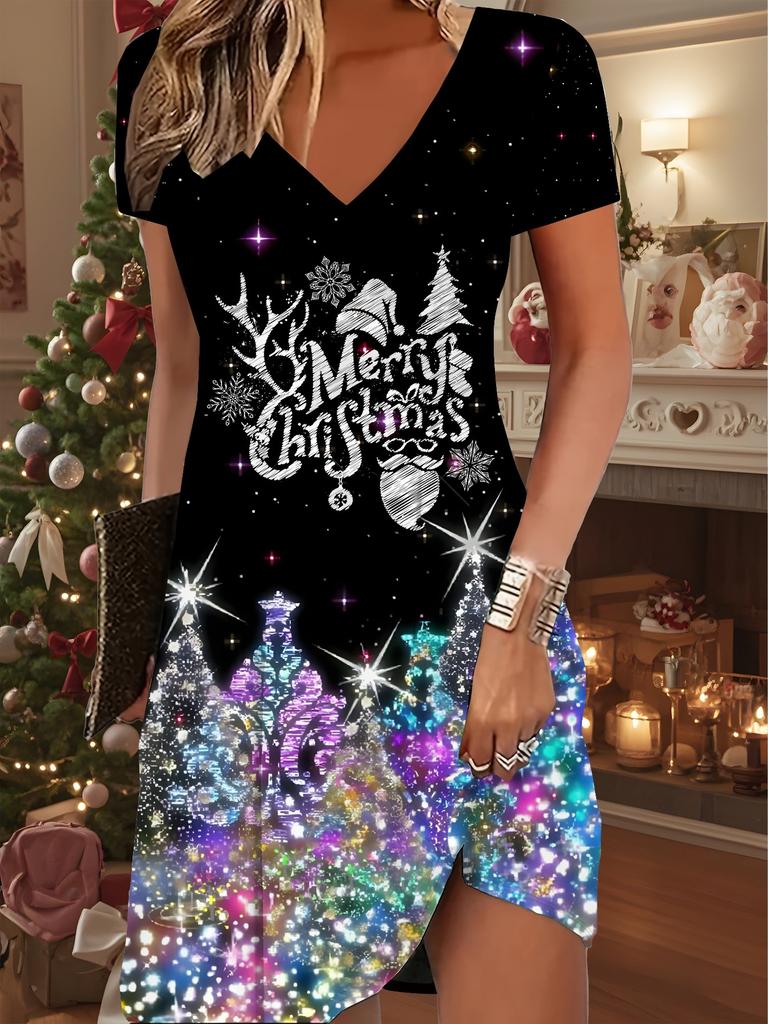 Fashion Women's V Neck Short Sleeve  Christmas Snowman Printed  Dress Sex Short Skirt Dresses