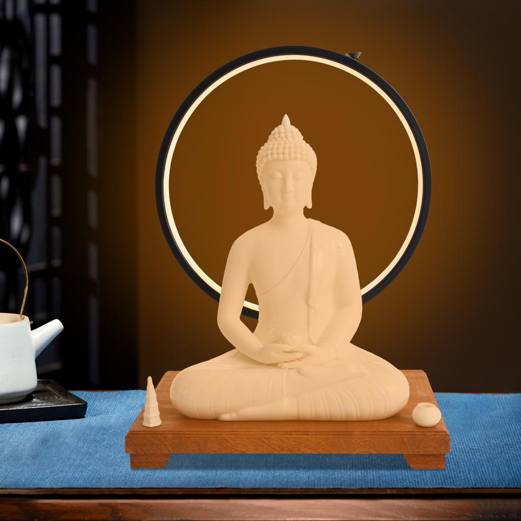 Ceramic Buddha Statue W/ LED Halo, Adjustable 6-Level Dimming, 16-In Meditation Figure, Wood Base, Zen Home Decor, Accent Light