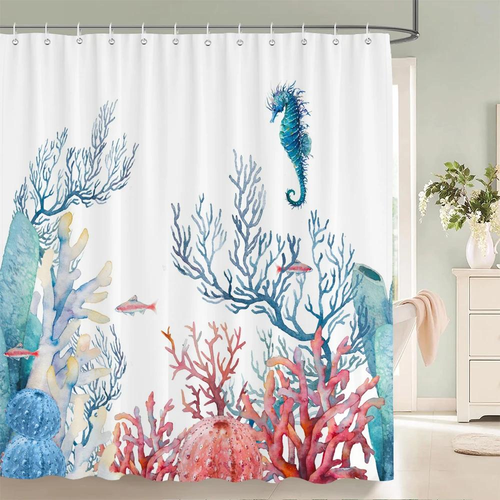 1 Pcs Cartoon Shower Curtain Cartoon Ocean Fish Style Printed Polyster Cloth Home Decoration Bathroom Curtain with Hooks