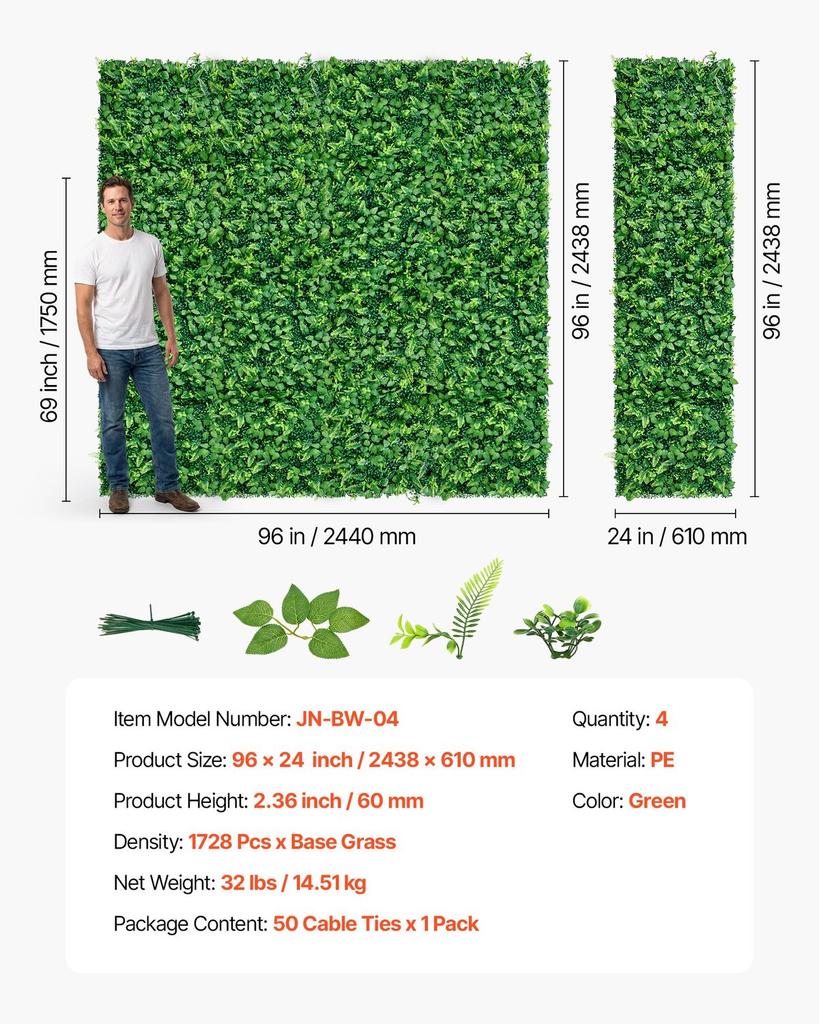 Artificial Plant Wall, 4 PCS 61 x 243.8 cm Artificial Boxwood Panels, Sun Protection Greenery Backdrop Privacy Hedge Fence, Fake Grass Screen for