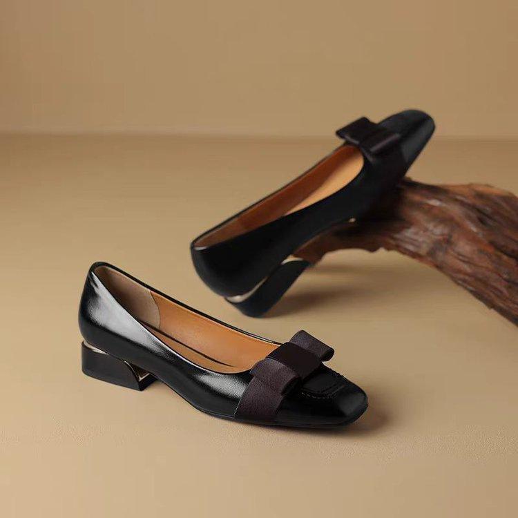 Xiaoxiangfeng French color matching high heels autumn new thick heel bow retro medium heel light mouth single shoes