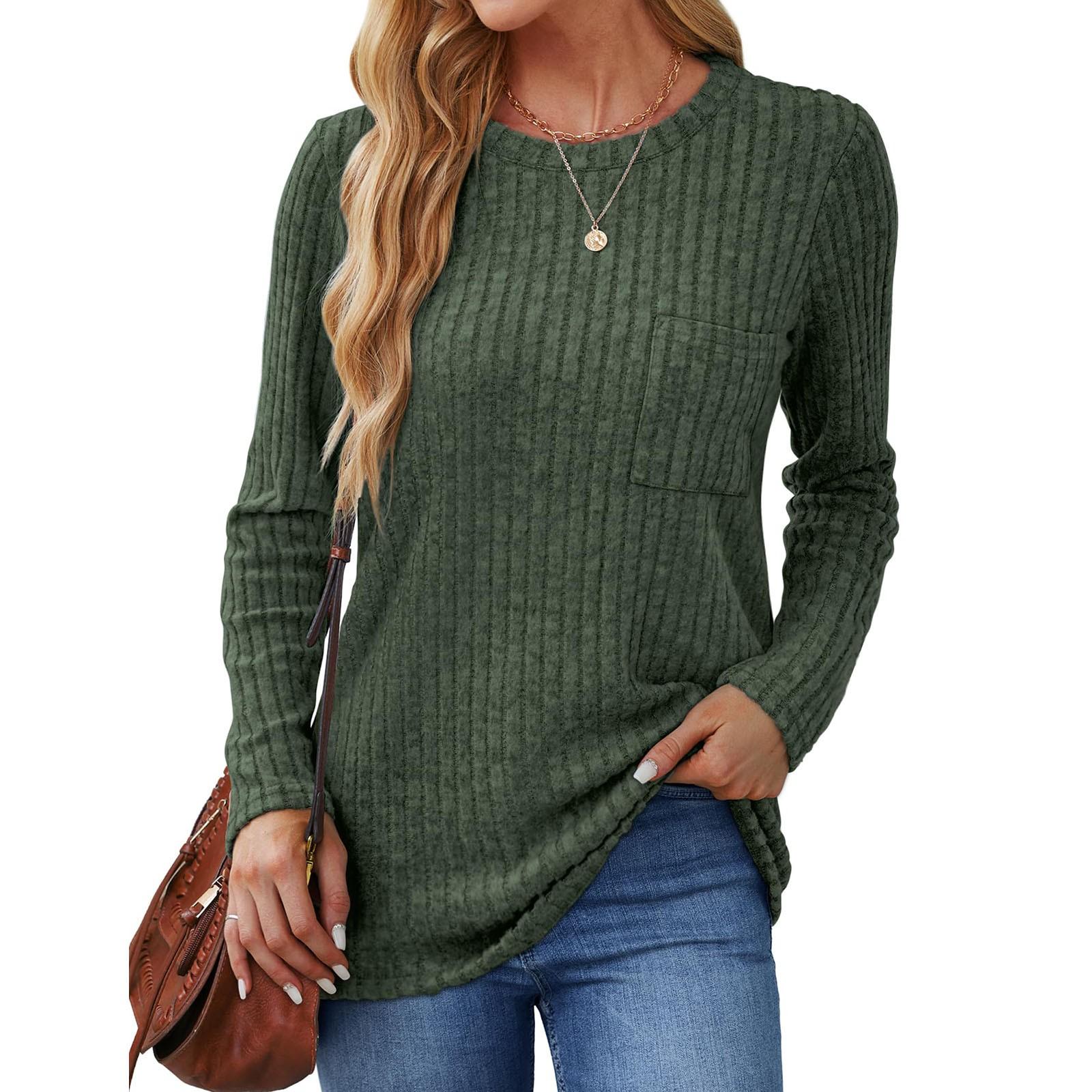 

Рубашки с длинным рукавом для женщин, легкая толстовка с круглым вырезом, повседневная туника, топы для женщин с карманом, мода L армия зеленый