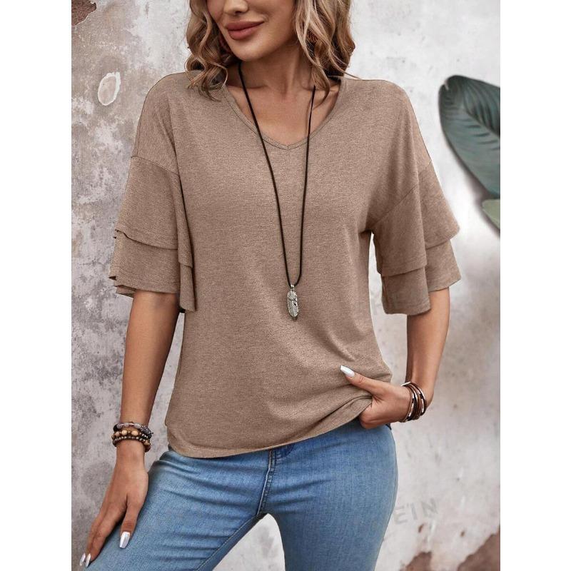Summer New Solid Color V-neck Double-layer Sleeve Loose T-shirt Short-sleeved Women