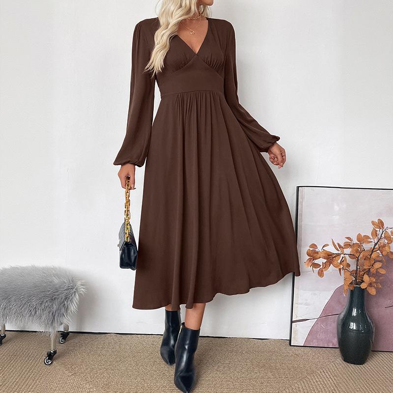 Women's V Neck Dress Autumn Winter Solid Color Fit and Flare Silhouette Pullover