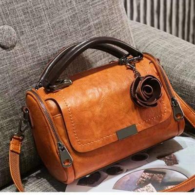 Women's Versatile Soft Leather Crossbody Boston Bag with Fashion Flower Design