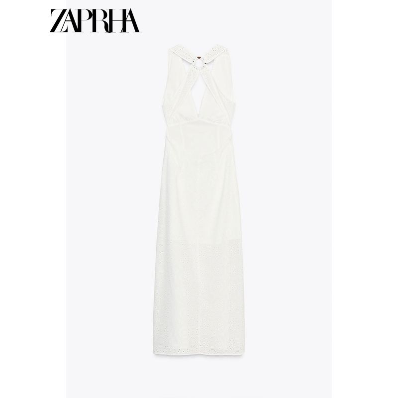 Zaprha 2025 New Arrival Cotton Embroider Hanging Collar Midi Skirt Dress Long Silm Slim Looking 2869953