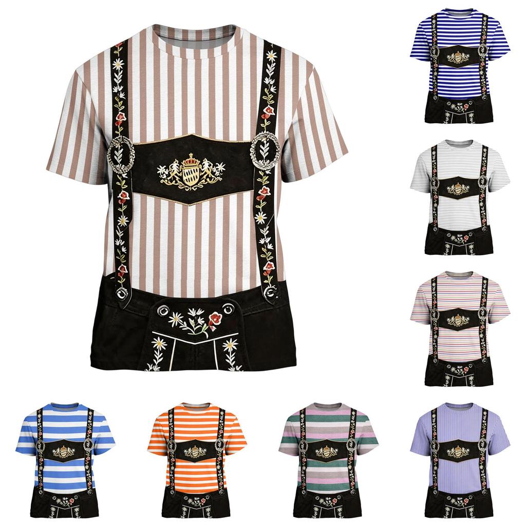 Men's Oktoberfest Vintage Texture Print Short Sleeve T Shirt Loose Fit Casual Summer Daily Wear Top with Suspender Design