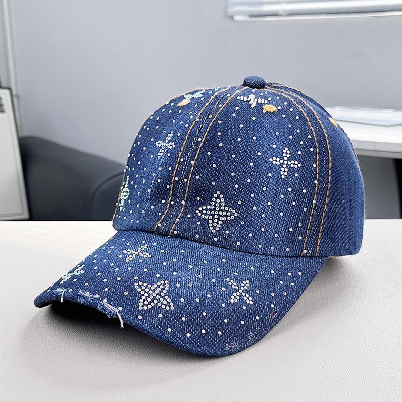 Damen Strass Denim Baseballkappe - Paris Schriftzug Sonnenhut