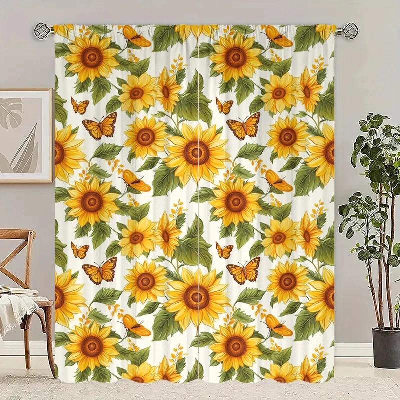 2pcs Vibrant Sunflower Curtains   Pole Pocket Design   Shading Fabric for Living Room Decor   Holiday Window Treatment   Farmhouse S