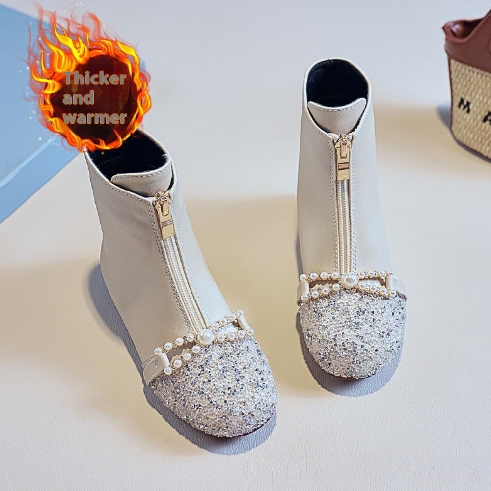 Girls Boots Children's Spring and Autumn Single Boots Baby Boots Winter Plus Velvet Performance Princess Crystal Short Boots