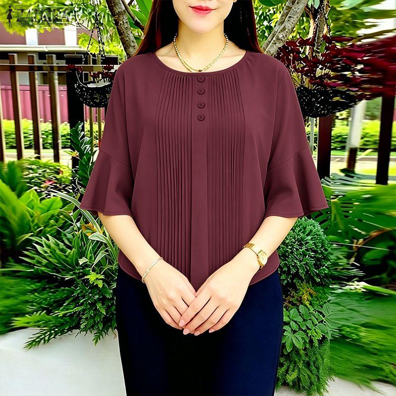 ZANZEA Women Casual Round Neck Solid Color Loose 3/4 Sleeve Blouse