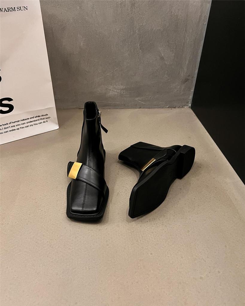 Black Leather Ankle Boots For Women Elegant With Low Heels Woman Short Shoes Spring Autumn Square Toe Booties Footwear