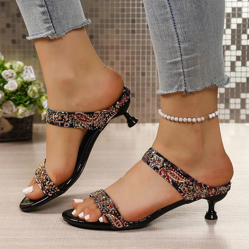Shiny Crystal High Heels Sandals for Women Plus Size Light Comfort Mixed Colors Slippers 2026 Summer Casual Thin Heeled