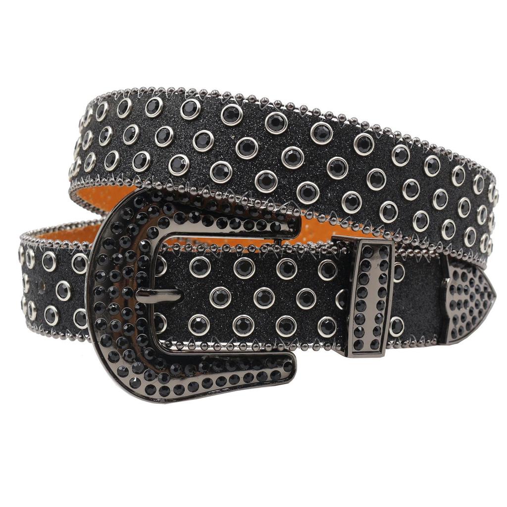Y2K Punk Rhinestone Sequin Hip Hop Pin Buckle Leather Belt for Women